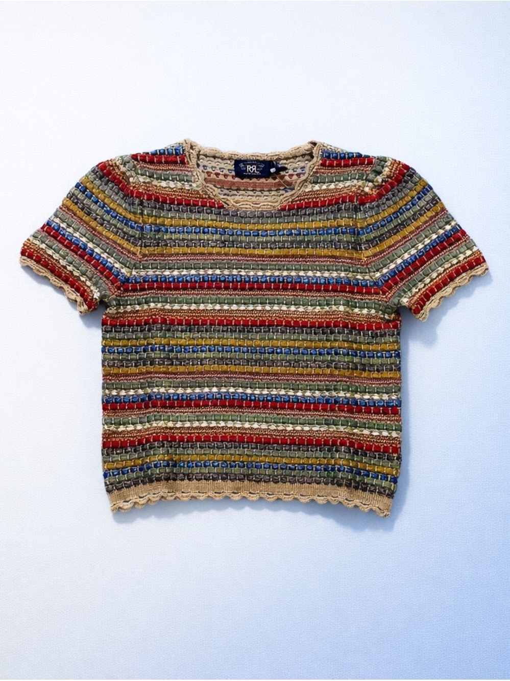 Ralph Lauren Double RL Multicolor Striped Crochet Short Sleeve Top